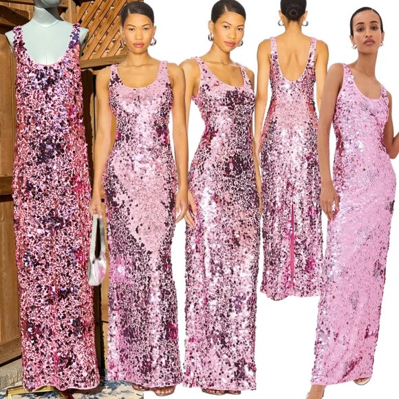 🆕 SIMKHAI 🧿 NWOT Bex Sequined Embellished Maxi Dress, Sorbet Pink - Sz US 12 - Picture 1 of 17